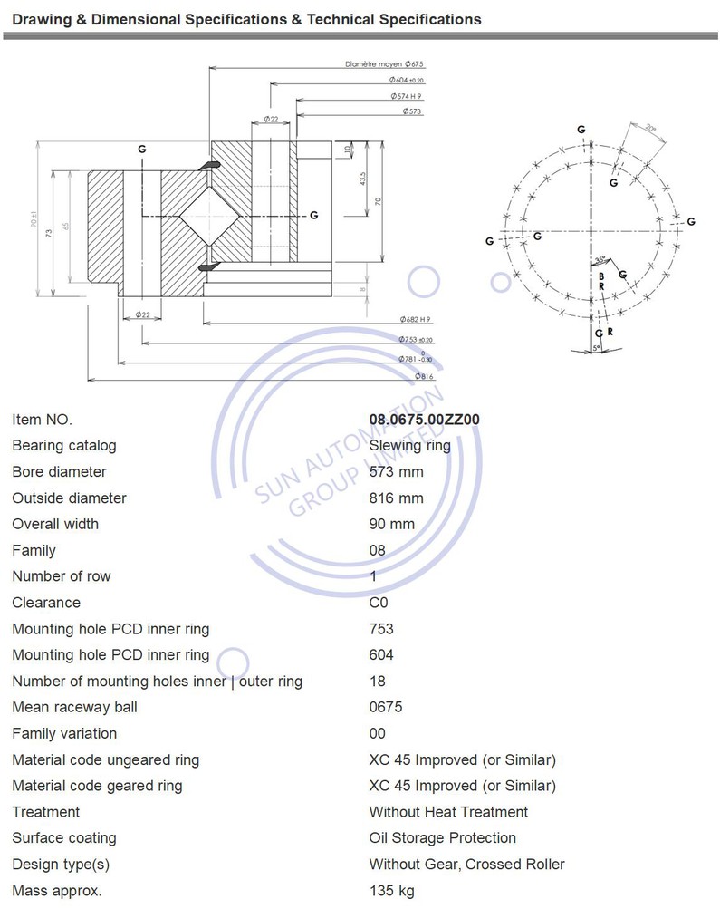 Specification of the 08067500ZZ00 slewing ring Specification of the 08067500ZZ00 slewing ring